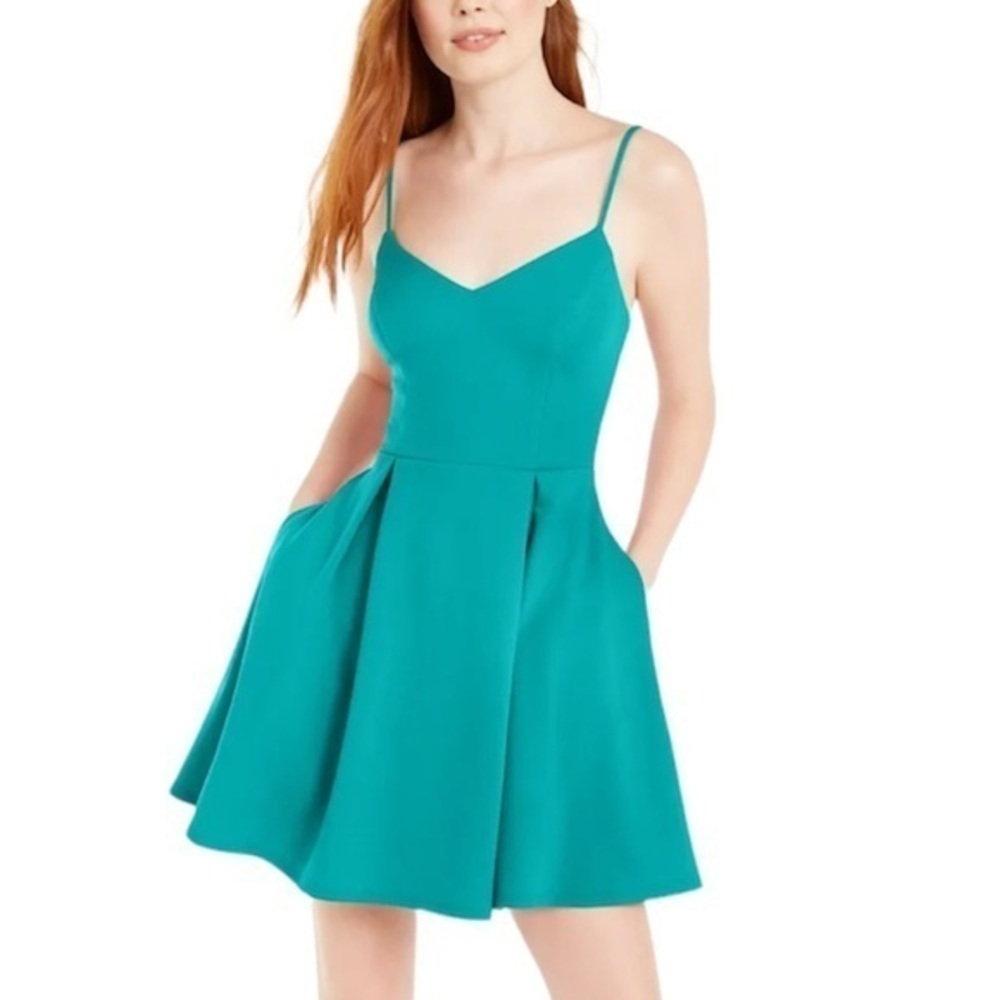 B Darlin Juniors' Pleated Fit & Flare Green Dress